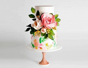 Свадебный торт с росписью, Цветами и веточкой 3